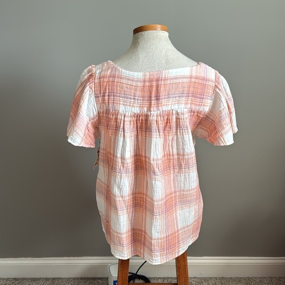 NWT!! Caslon - Stripe Cotton Popover Top In Ivory- Coral Nora Plaid - Medium - Picture 5 of 8